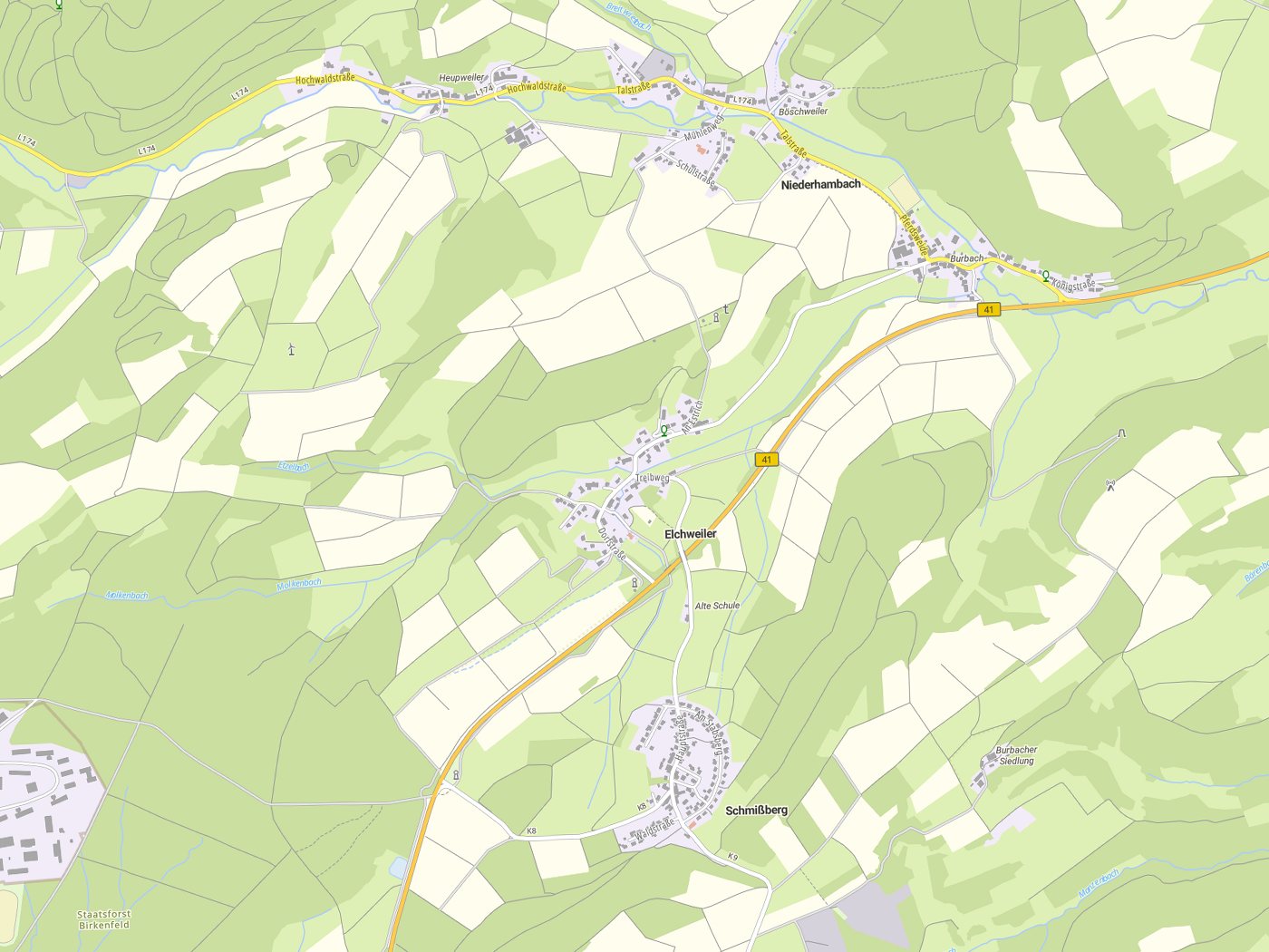 Kartenausschnitt Elchweiler mit Gewässern
