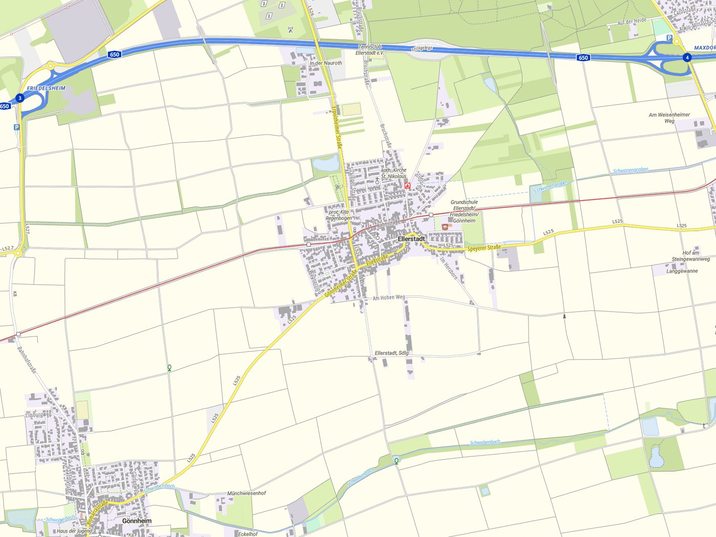 Kartenausschnitt Ellerstadt mit Gewässern