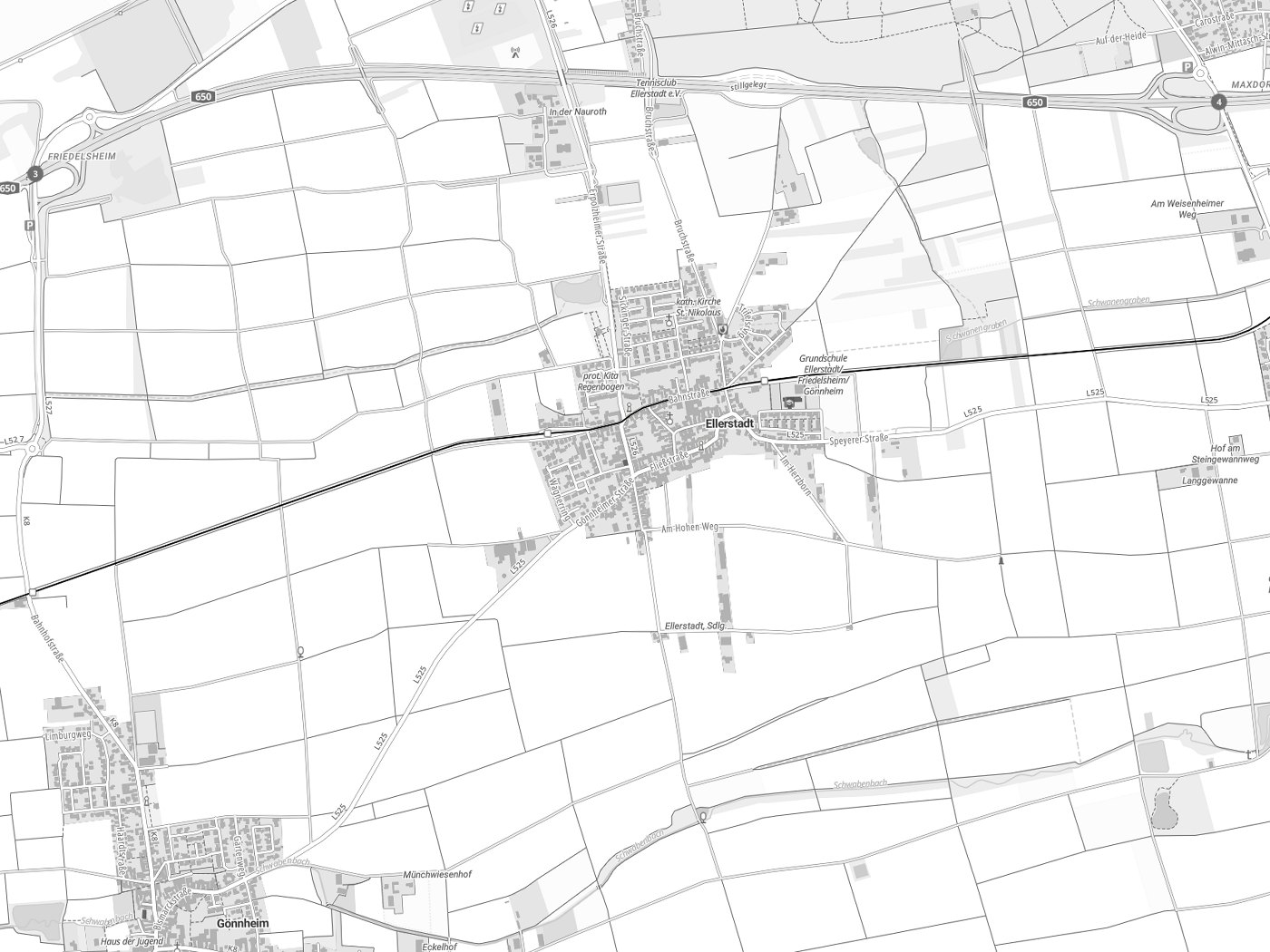 Kartenausschnitt Ellerstadt mit Gewässern
