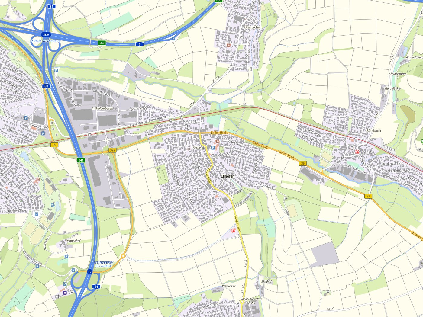 Kartenausschnitt Ellhofen mit Gewässern