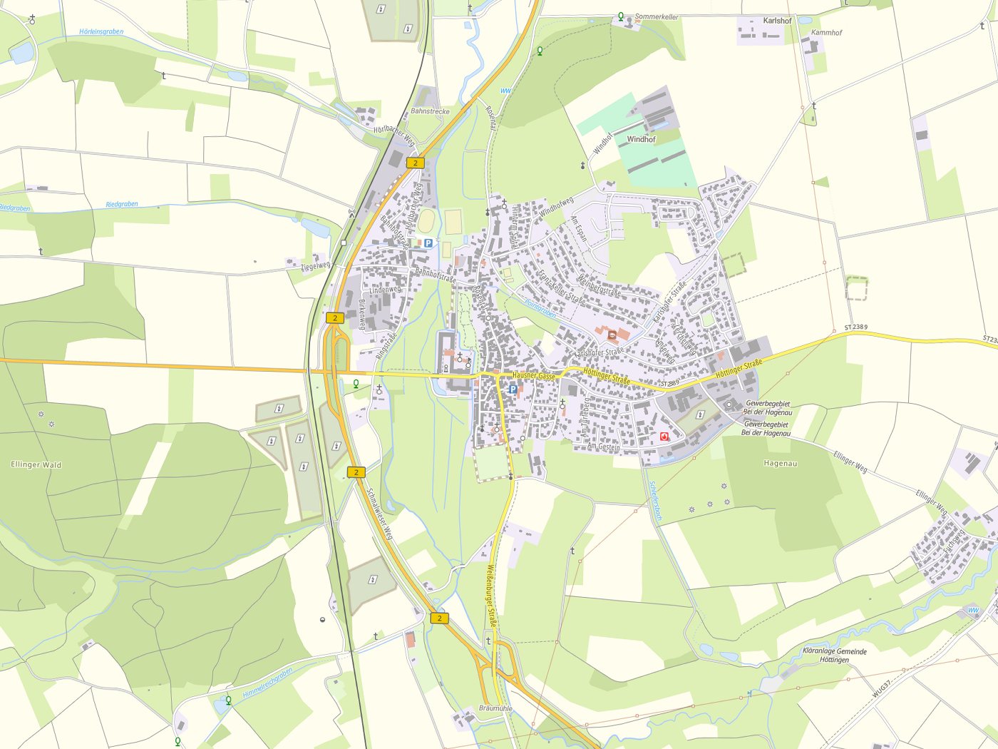 Kartenausschnitt Ellingen mit Gewässern