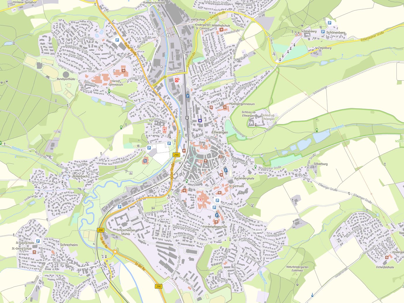 Kartenausschnitt Ellwangen mit Gewässern