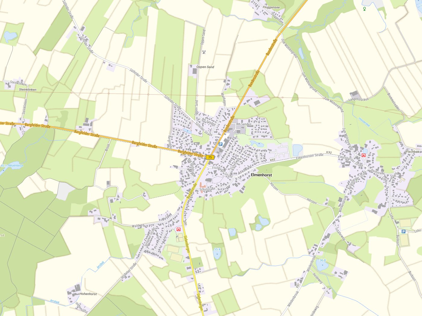 Kartenausschnitt Elmenhorst mit Gewässern
