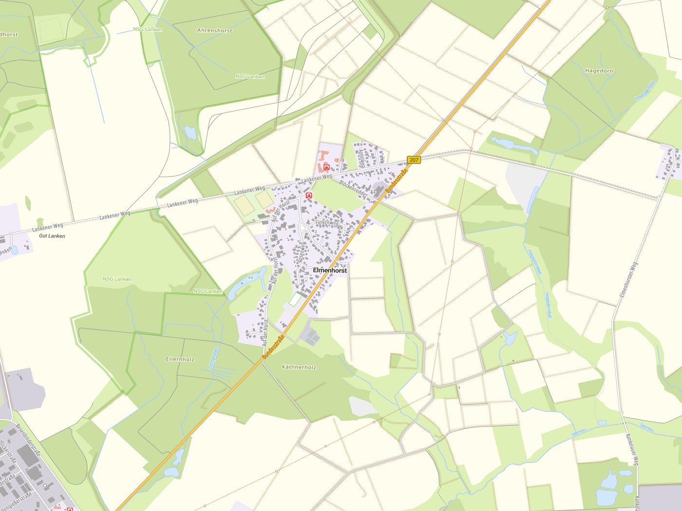 Kartenausschnitt Elmenhorst mit Gewässern