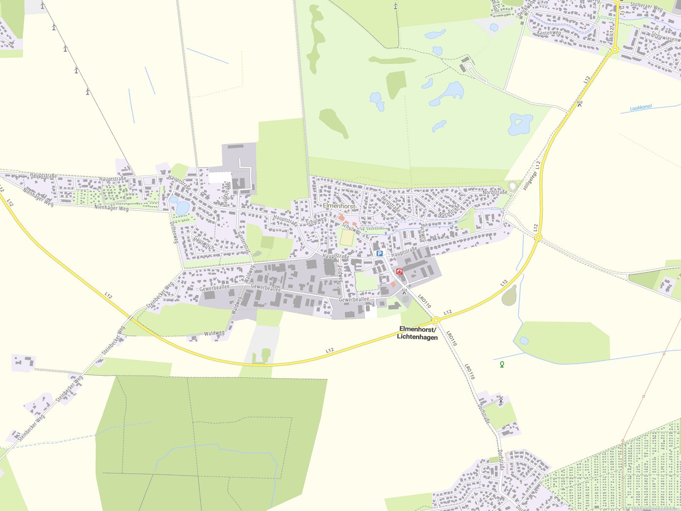 Kartenausschnitt Elmenhorst/Lichtenhagen mit Gewässern