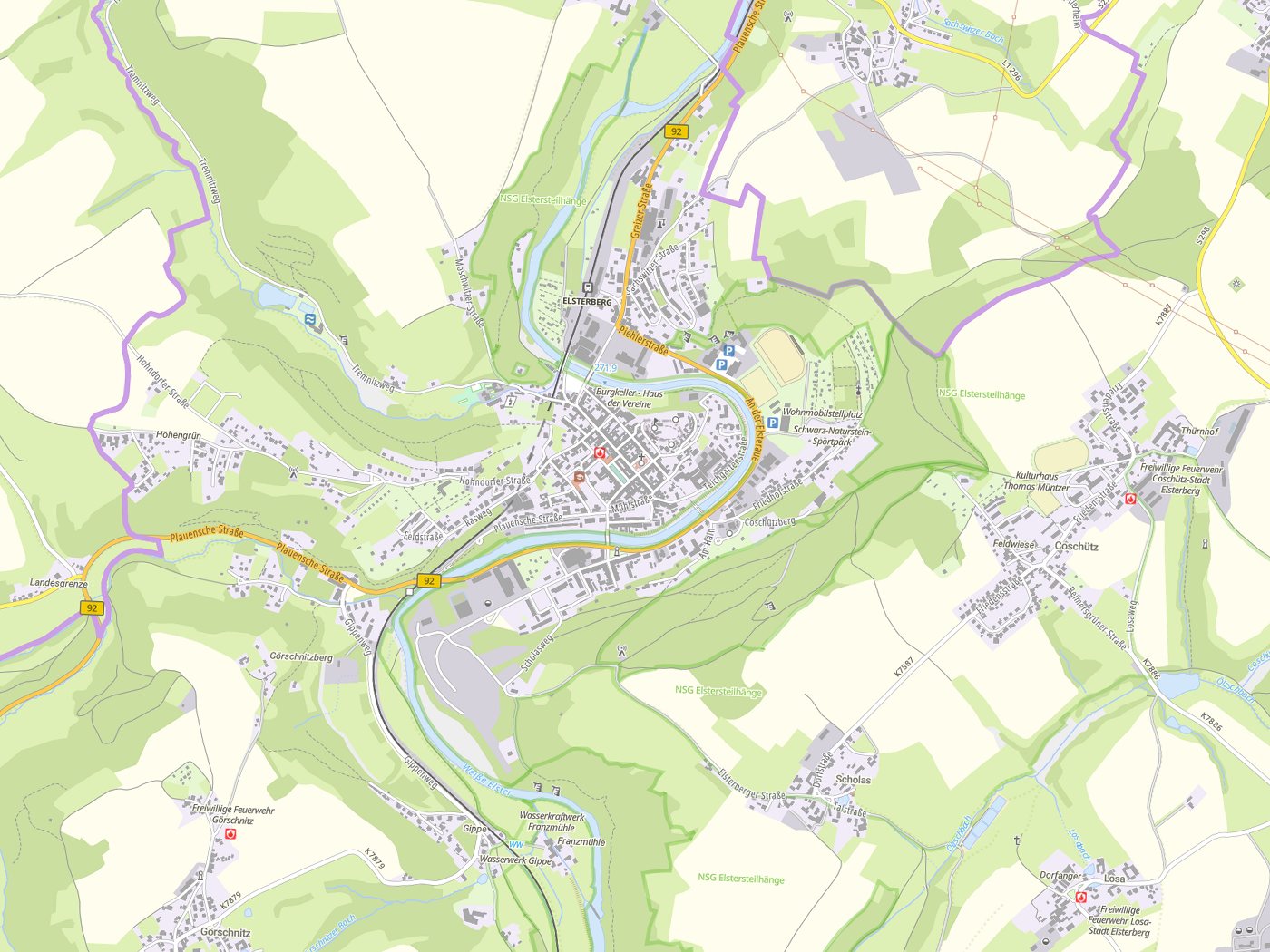 Kartenausschnitt Elsterberg mit Gewässern