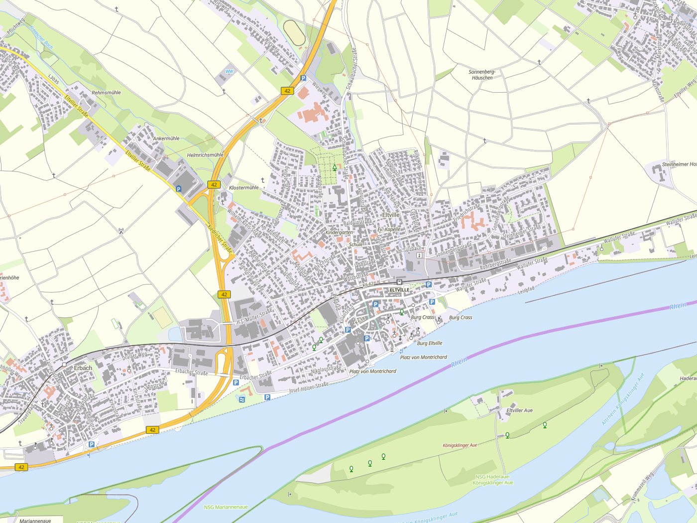 Kartenausschnitt Eltville mit Gewässern