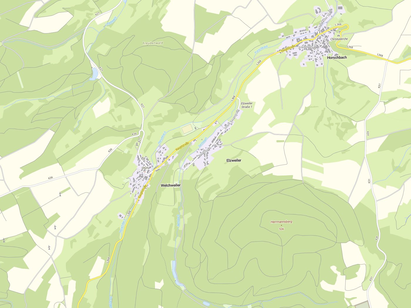 Kartenausschnitt Elzweiler mit Gewässern