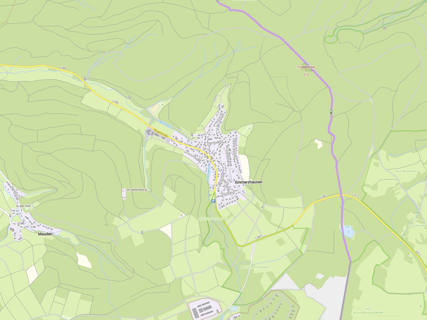 Kartenausschnitt Emmerzhausen mit Gewässern
