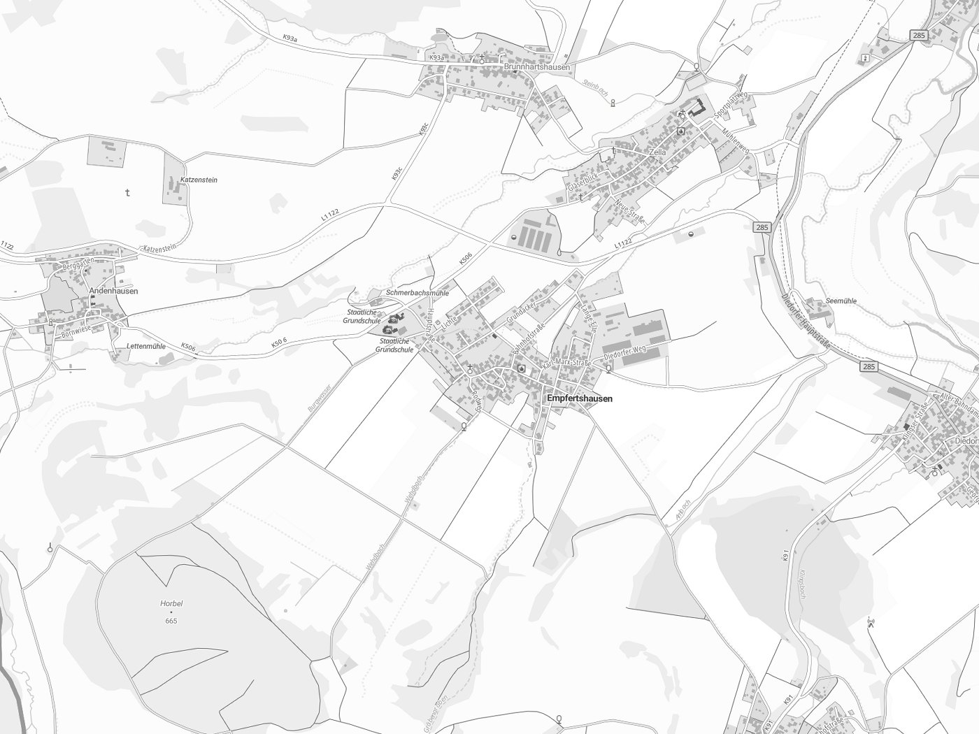 Kartenausschnitt Empfertshausen mit Gewässern