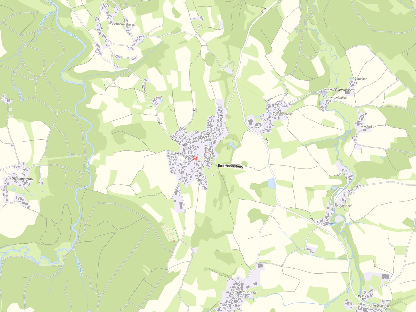 Kartenausschnitt Emtmannsberg mit Gewässern