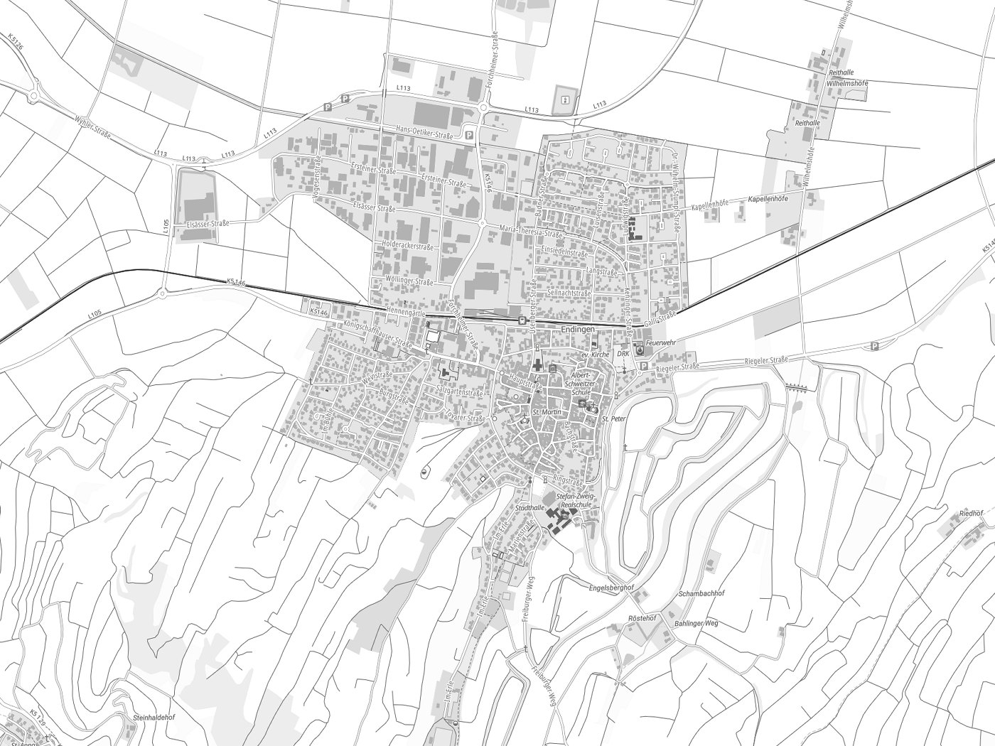 Kartenausschnitt Endingen am Kaiserstuhl mit Gewässern