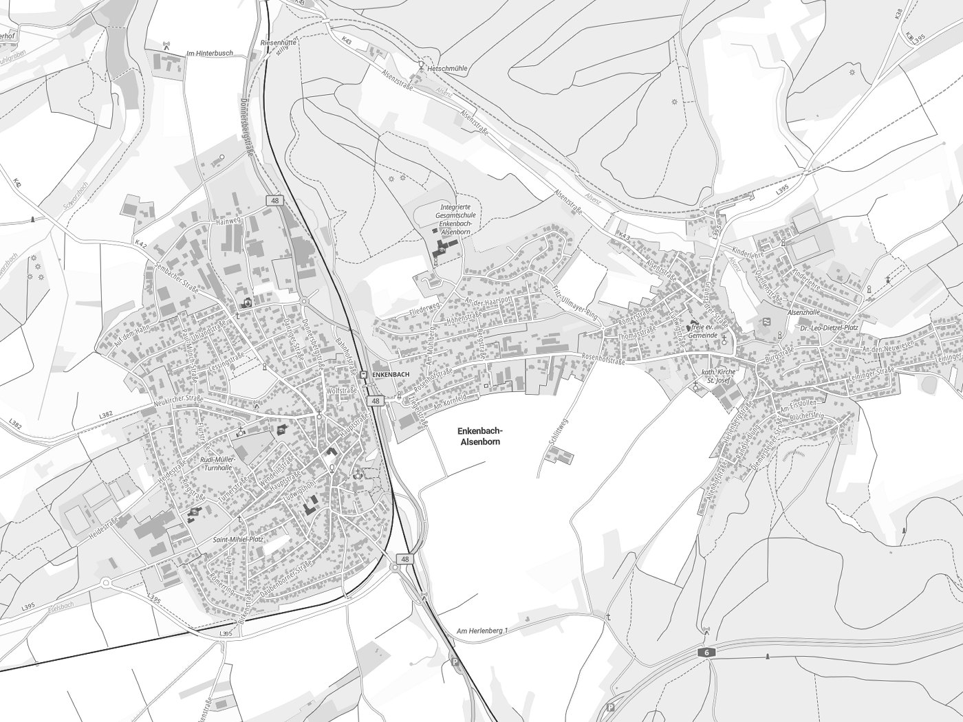 Kartenausschnitt Enkenbach-Alsenborn mit Gewässern