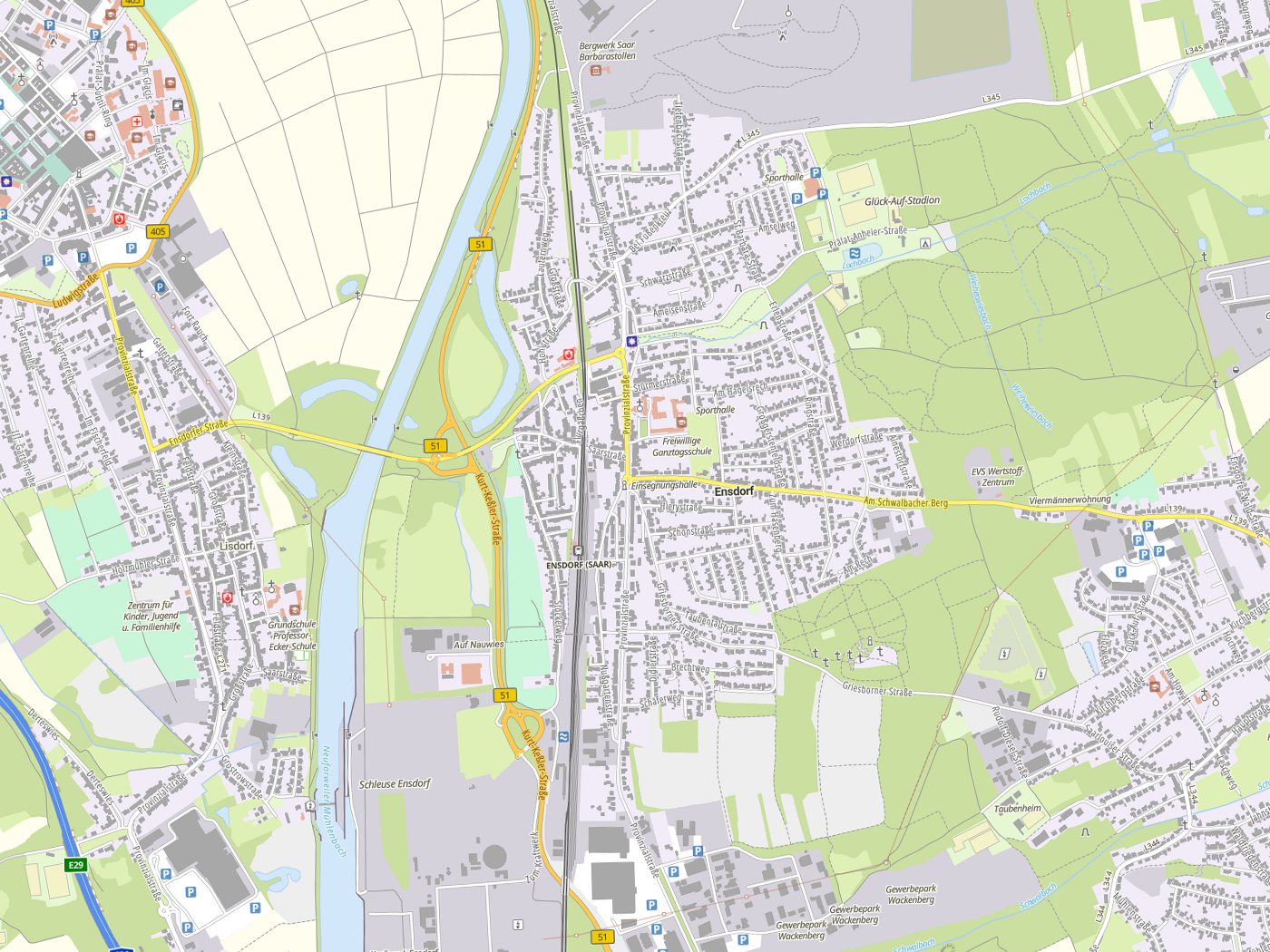 Kartenausschnitt Ensdorf mit Gewässern