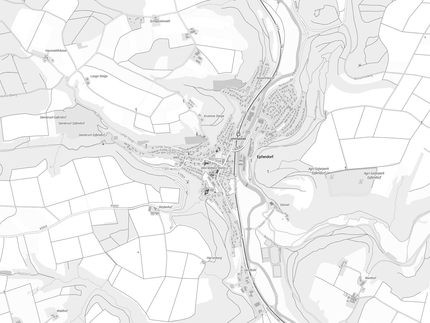 Kartenausschnitt Epfendorf mit Gewässern