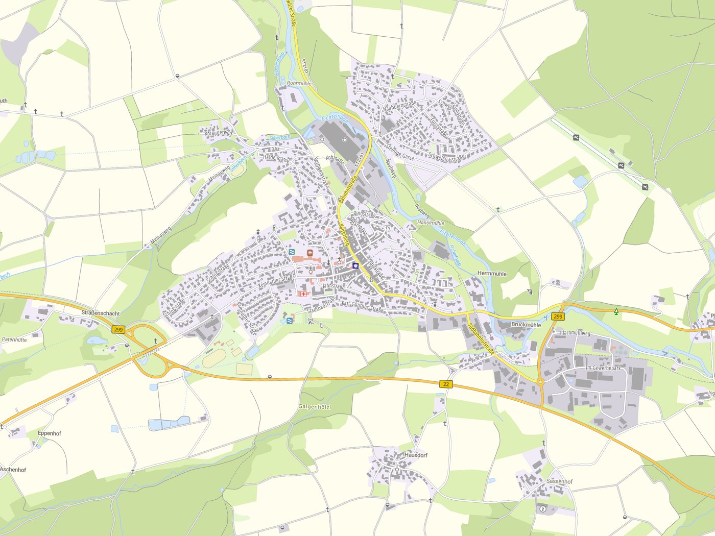 Kartenausschnitt Erbendorf mit Gewässern