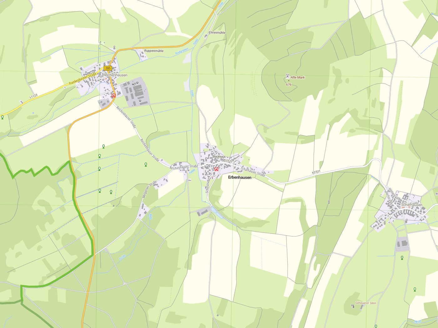 Kartenausschnitt Erbenhausen mit Gewässern