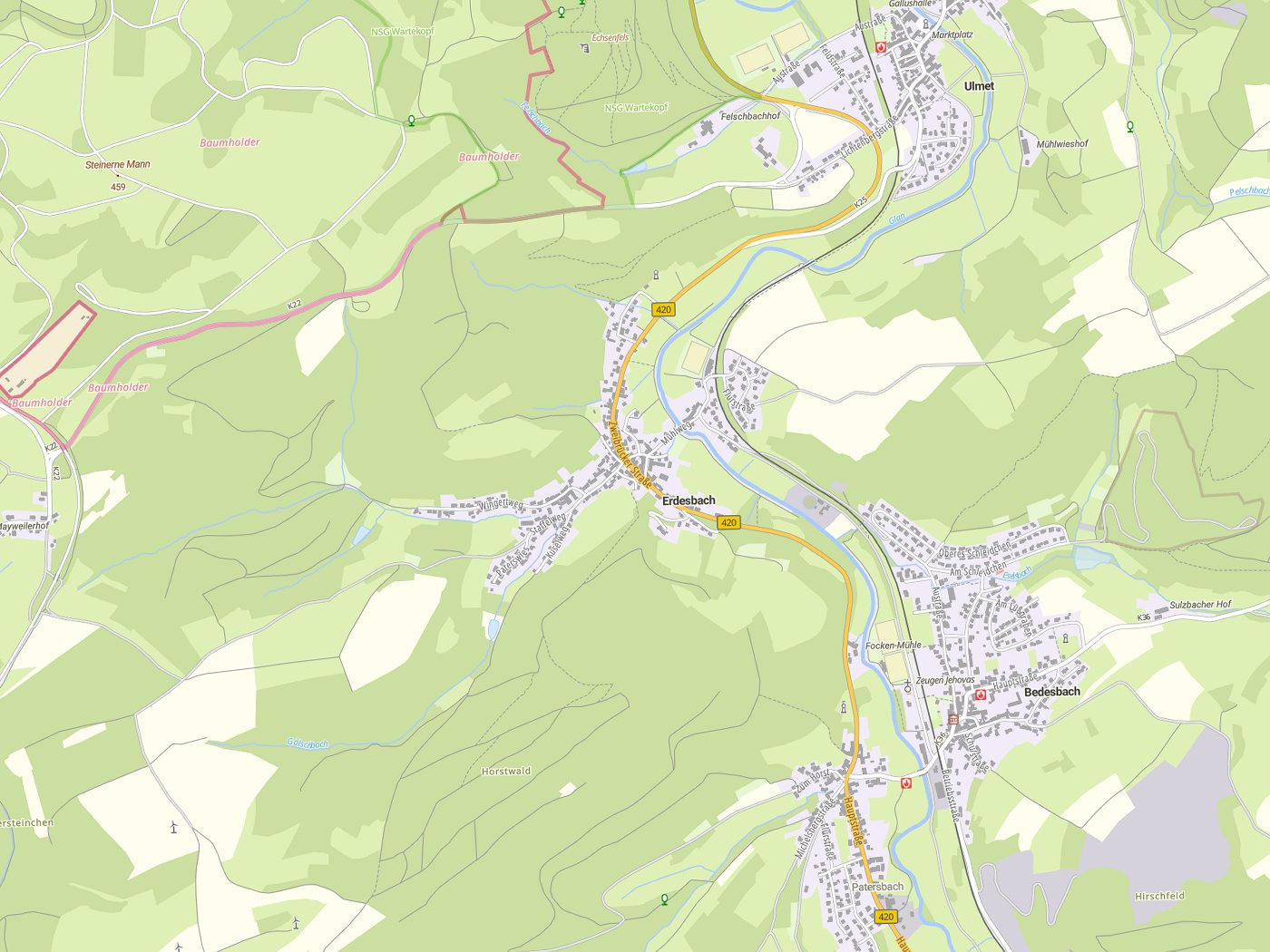 Kartenausschnitt Erdesbach mit Gewässern