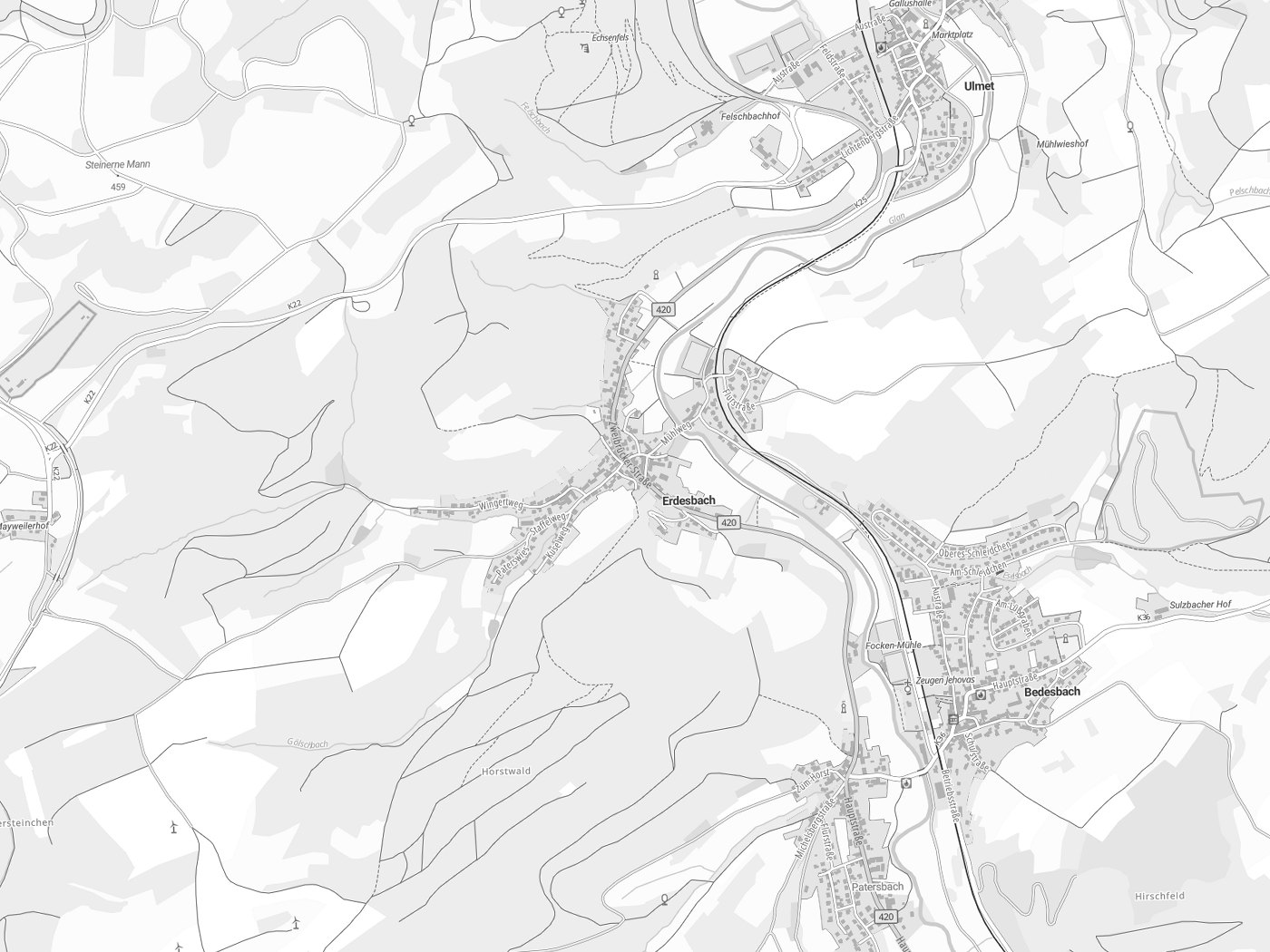 Kartenausschnitt Erdesbach mit Gewässern