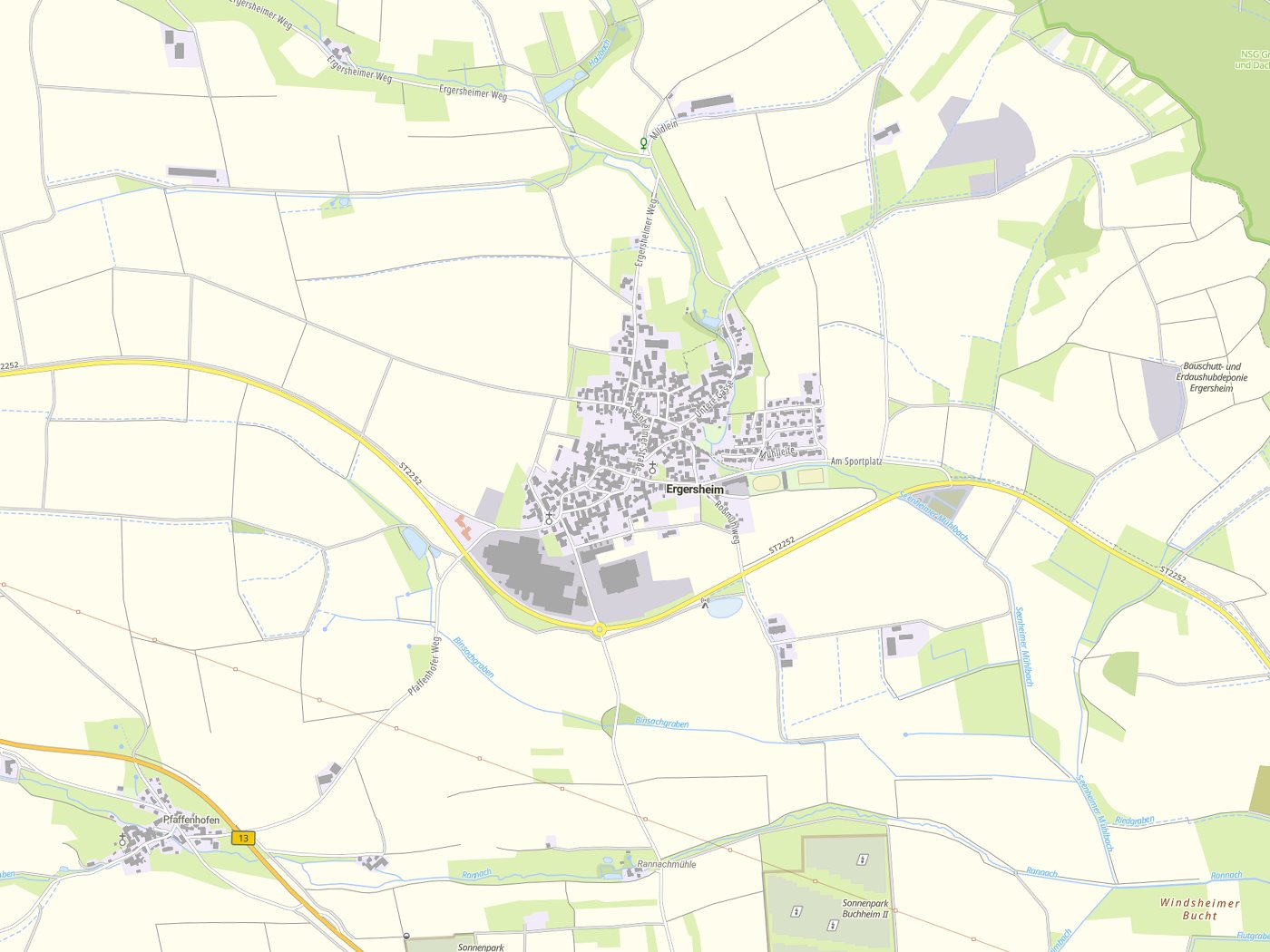 Kartenausschnitt Ergersheim mit Gewässern