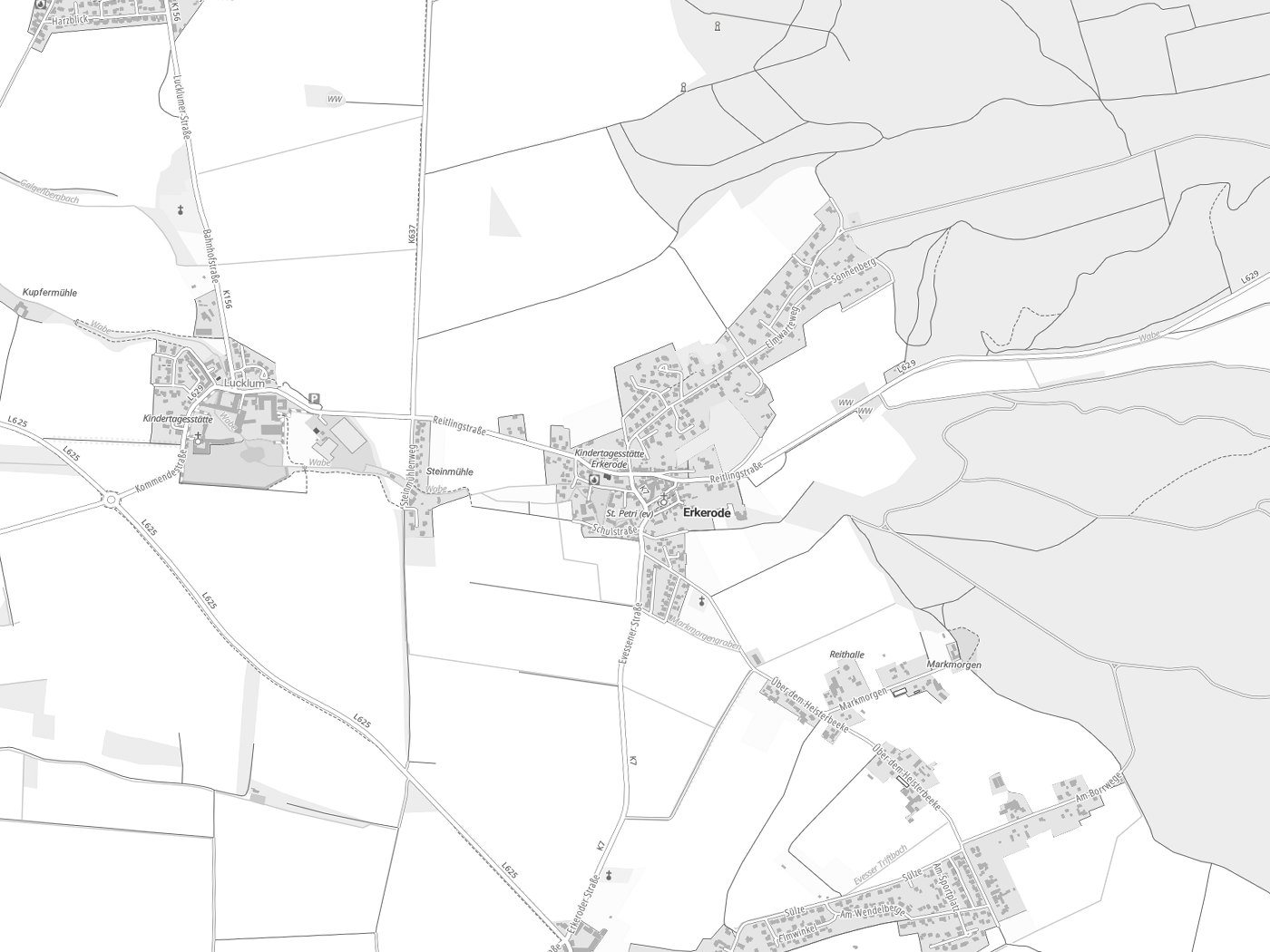 Kartenausschnitt Erkerode mit Gewässern