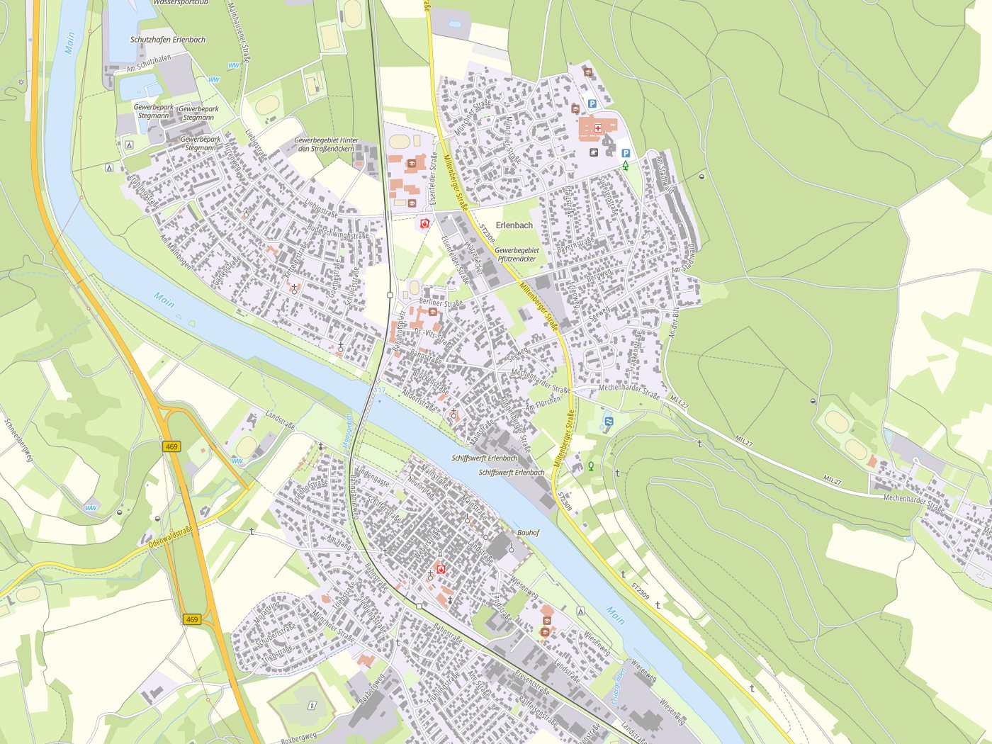 Kartenausschnitt Erlenbach a.Main mit Gewässern