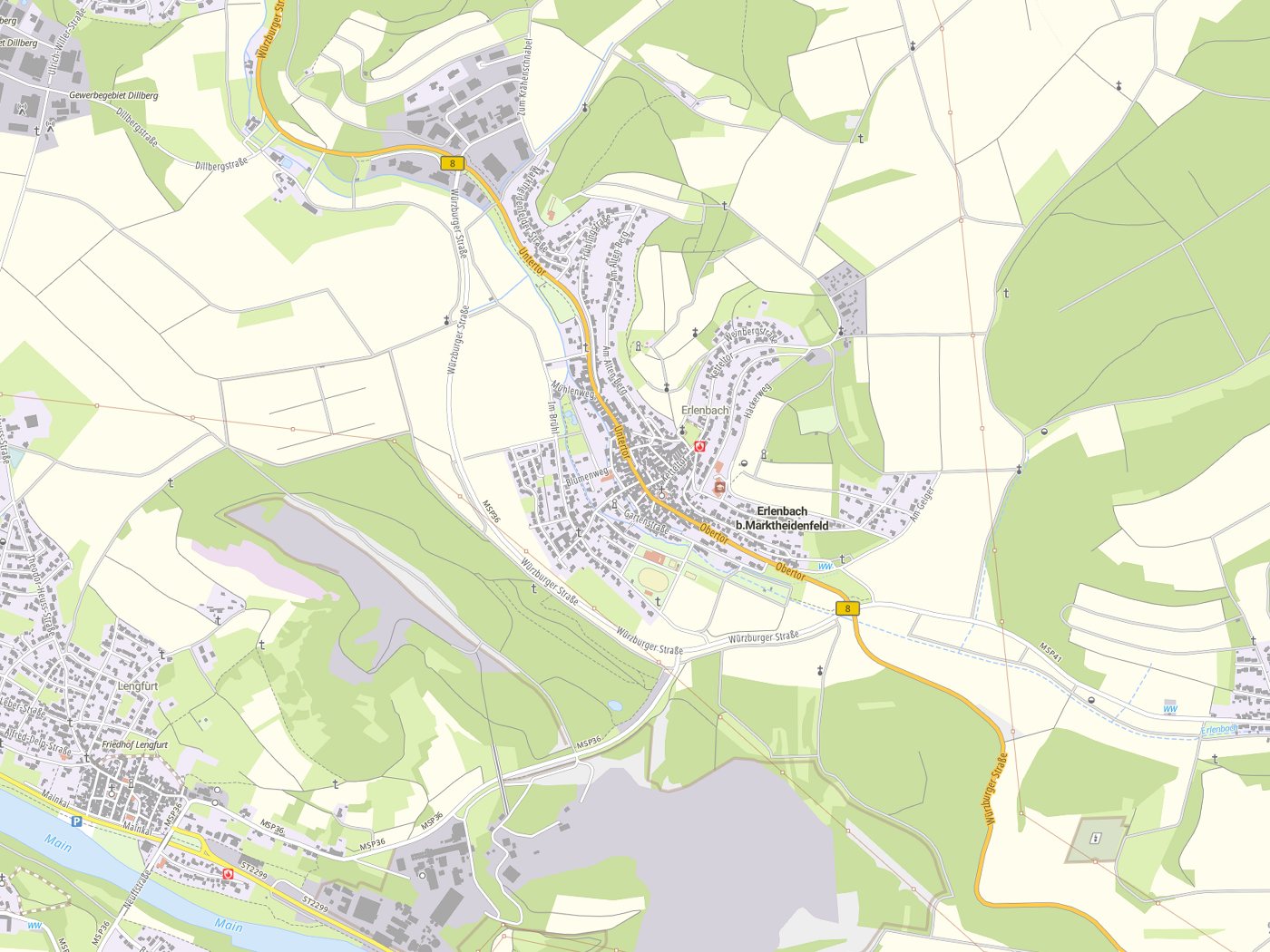 Kartenausschnitt Erlenbach b.Marktheidenfeld mit Gewässern