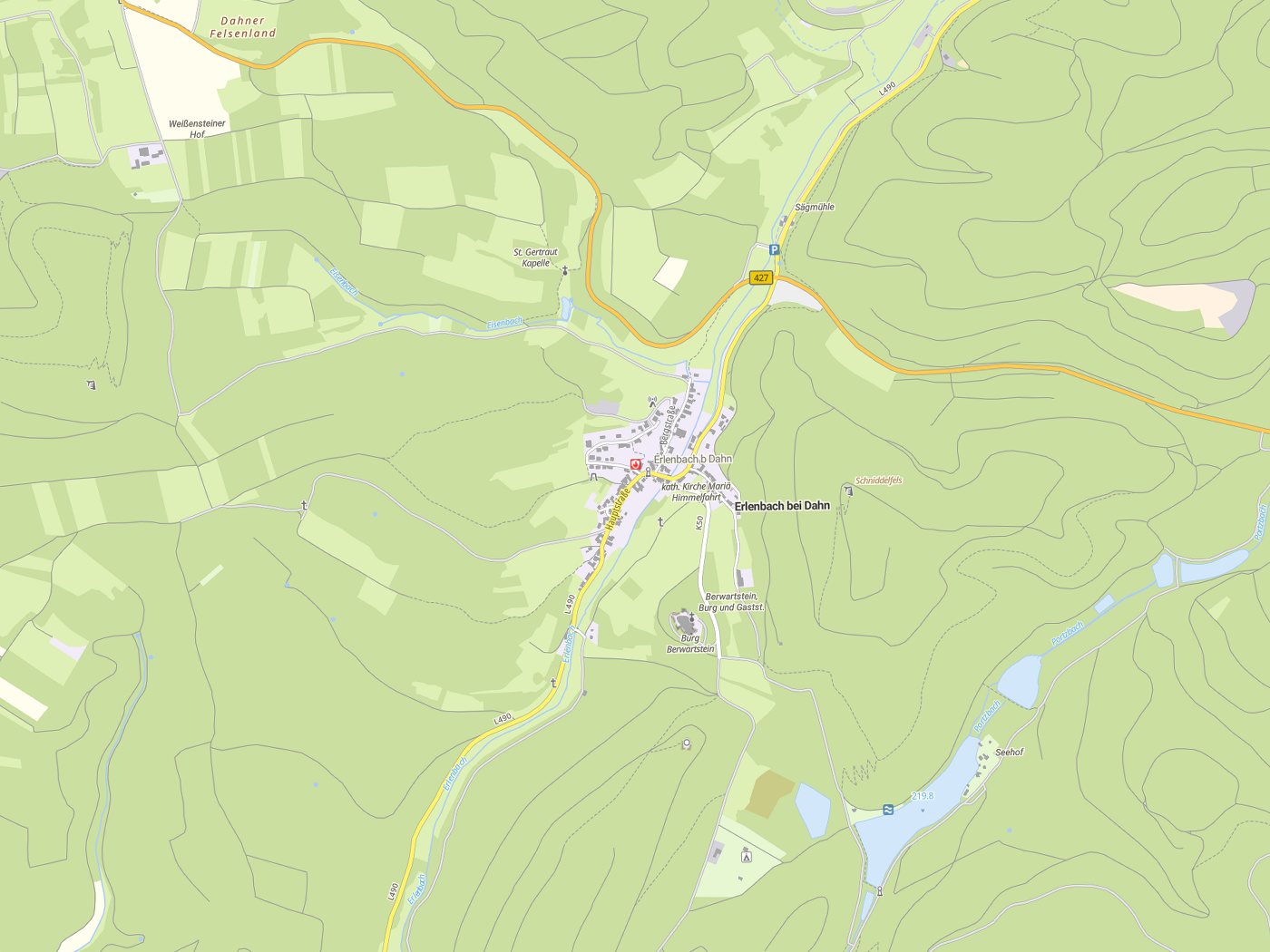 Kartenausschnitt Erlenbach bei Dahn mit Gewässern
