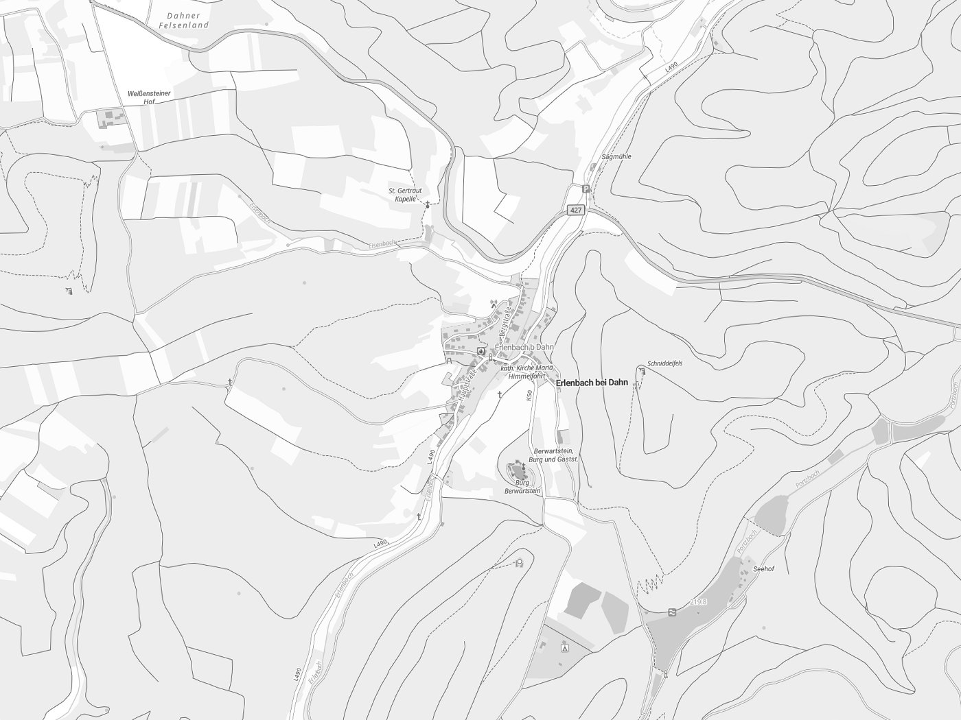 Kartenausschnitt Erlenbach bei Dahn mit Gewässern