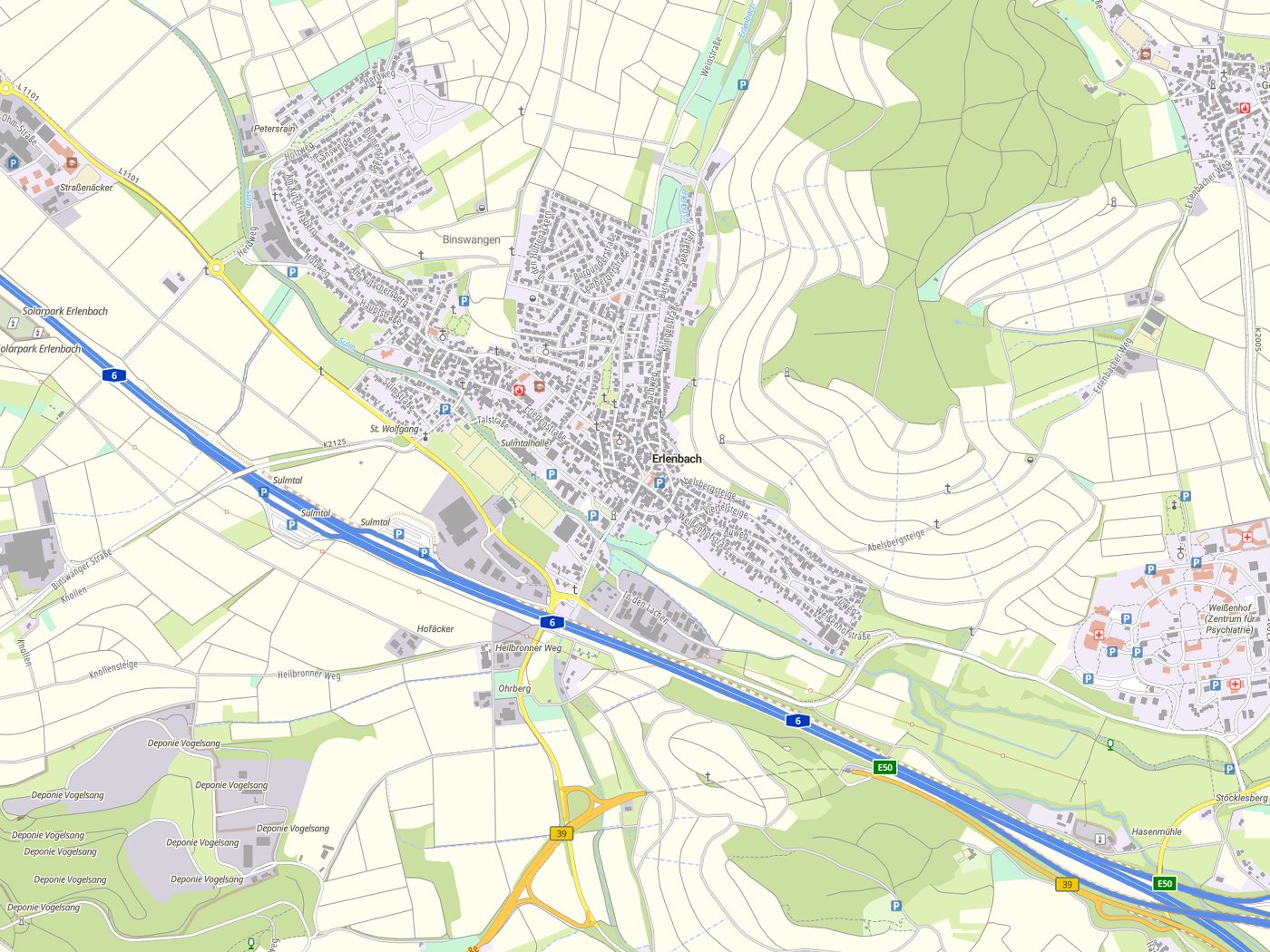 Kartenausschnitt Erlenbach mit Gewässern