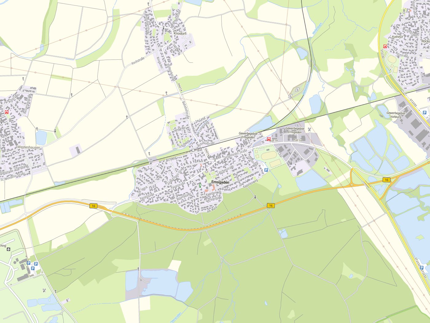 Kartenausschnitt Ernsgaden mit Gewässern