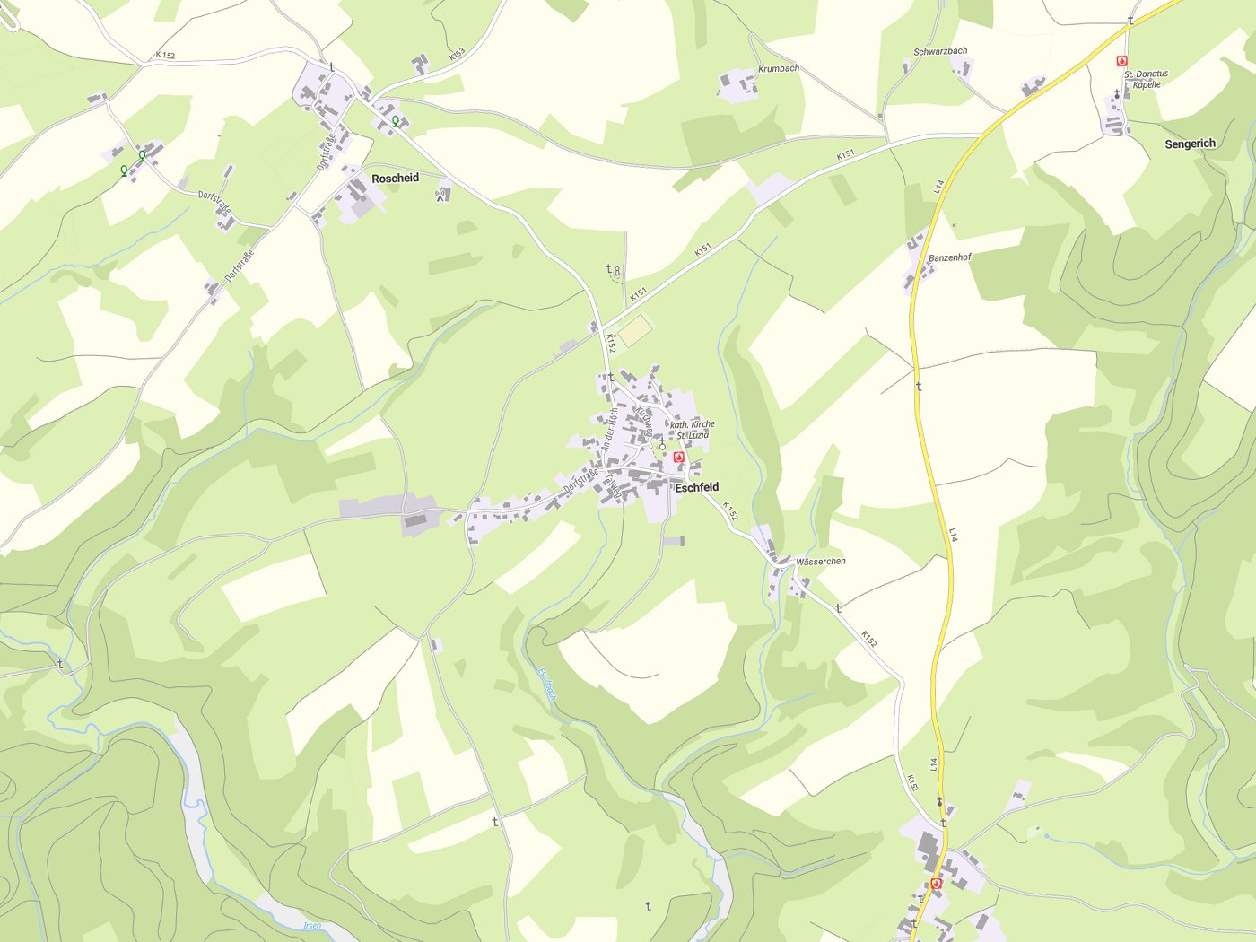 Kartenausschnitt Eschfeld mit Gewässern