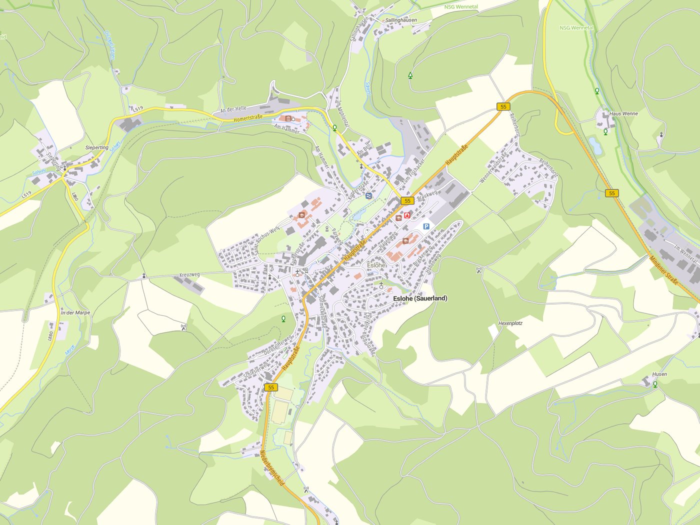 Kartenausschnitt Eslohe (Sauerland) mit Gewässern