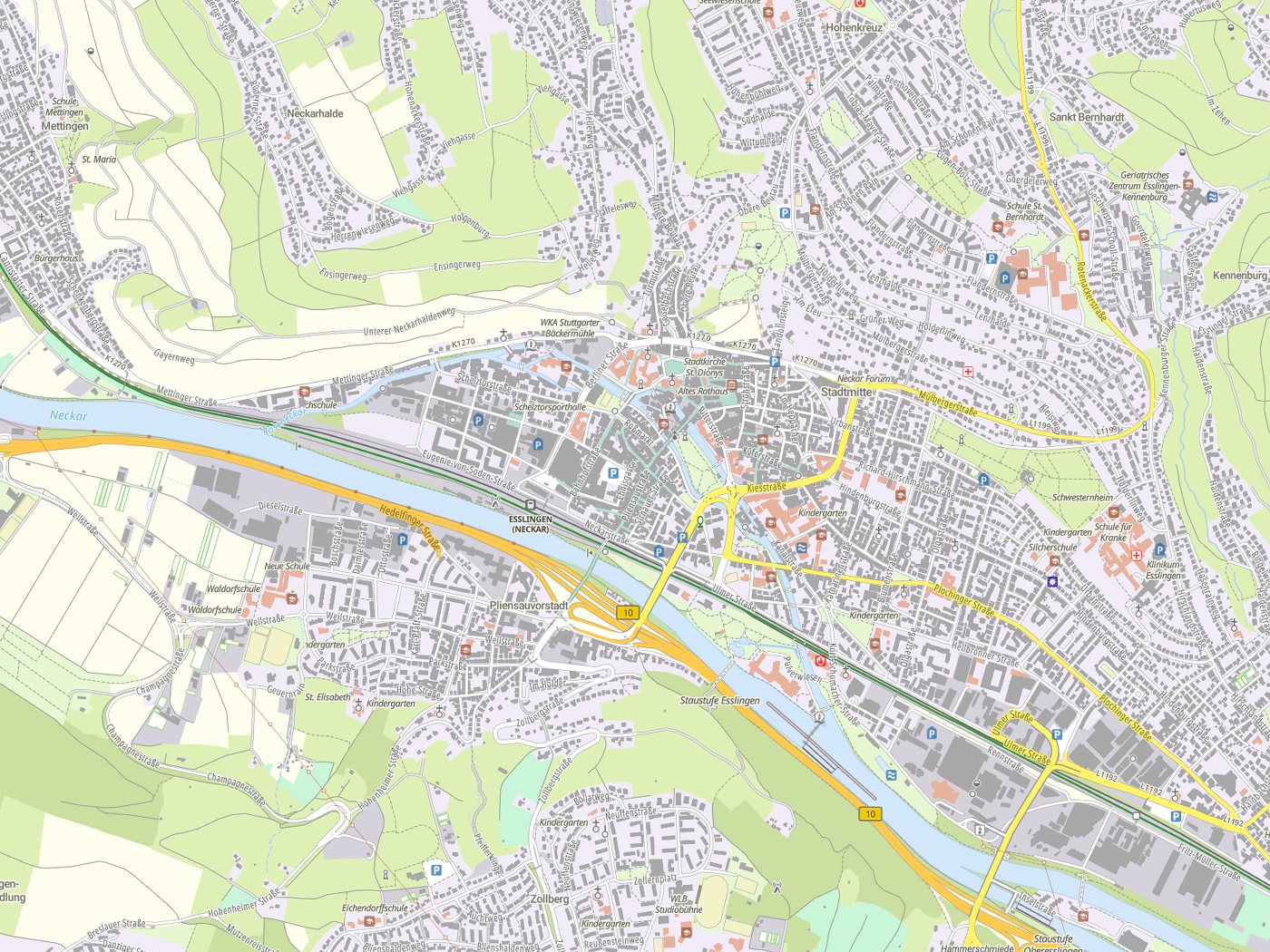 Kartenausschnitt Esslingen mit Gewässern