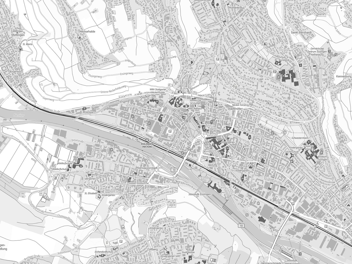 Kartenausschnitt Esslingen mit Gewässern