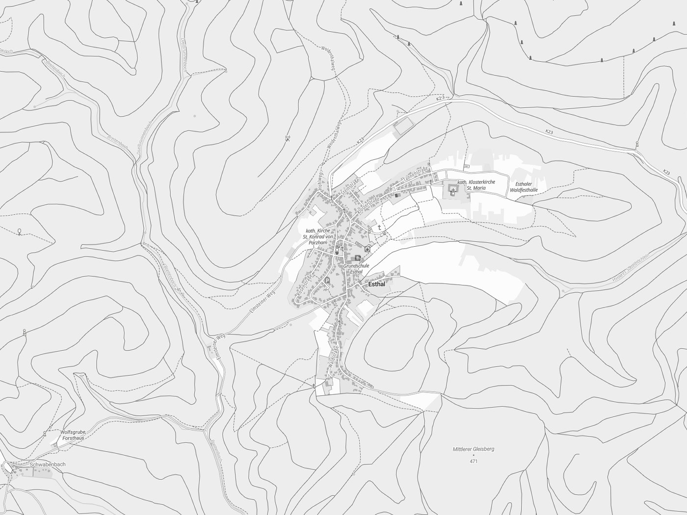 Kartenausschnitt Esthal mit Gewässern