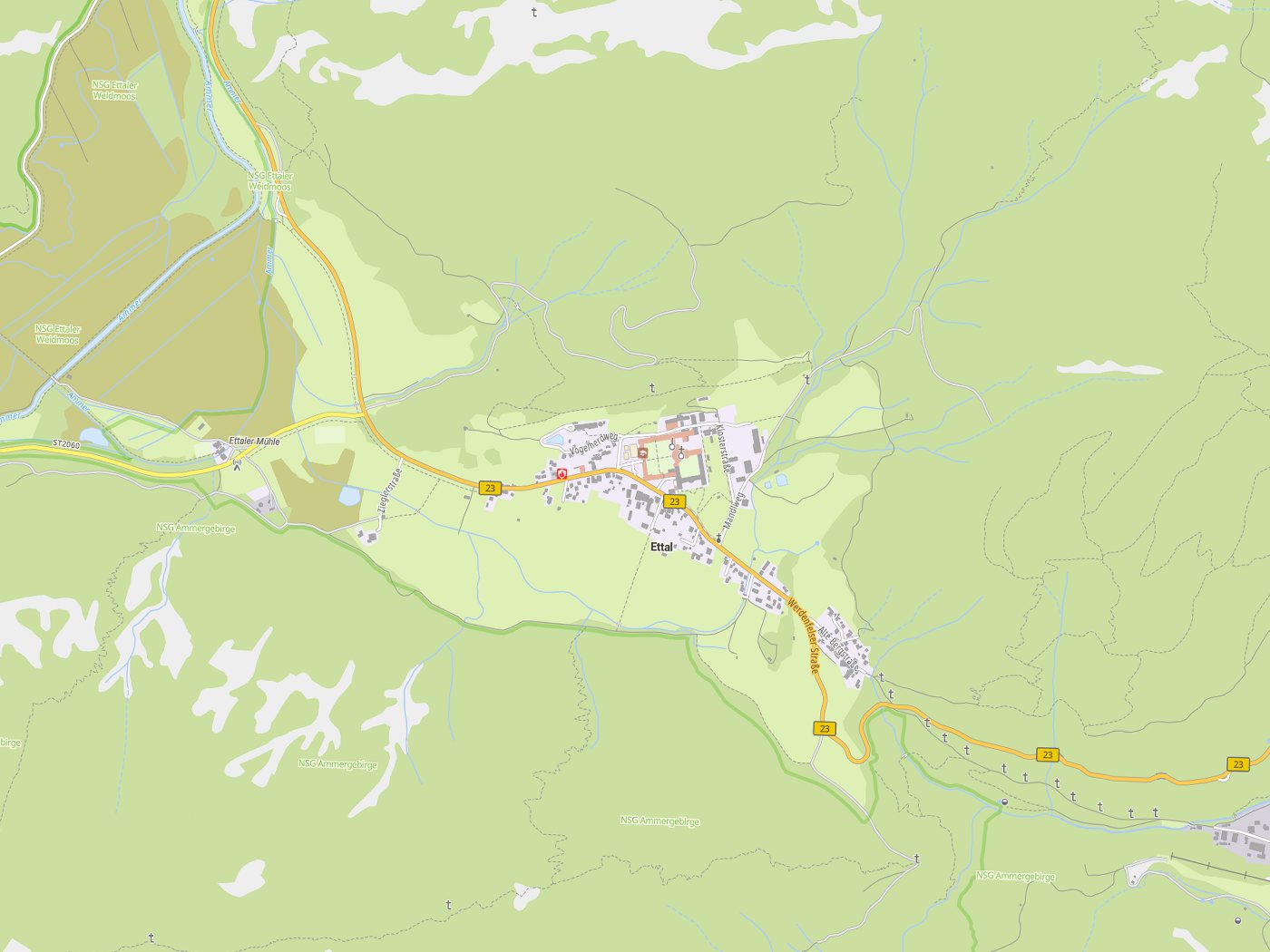 Kartenausschnitt Ettal mit Gewässern