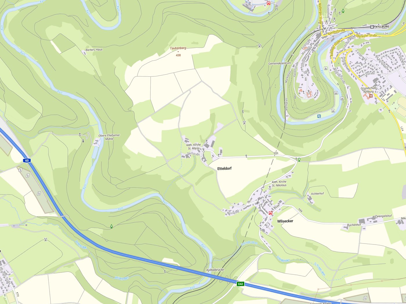 Kartenausschnitt Etteldorf mit Gewässern