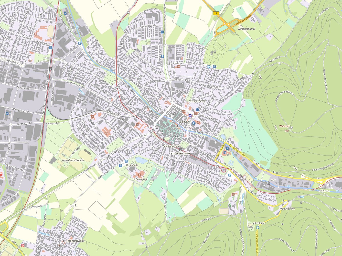 Kartenausschnitt Ettlingen mit Gewässern