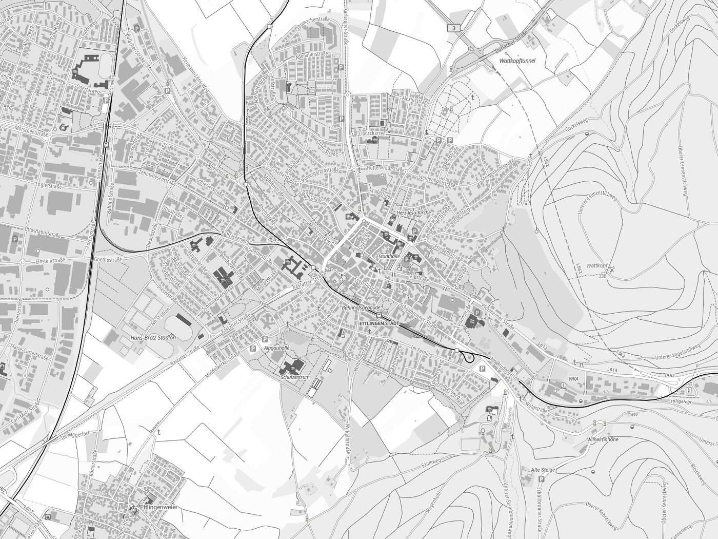 Kartenausschnitt Ettlingen mit Gewässern