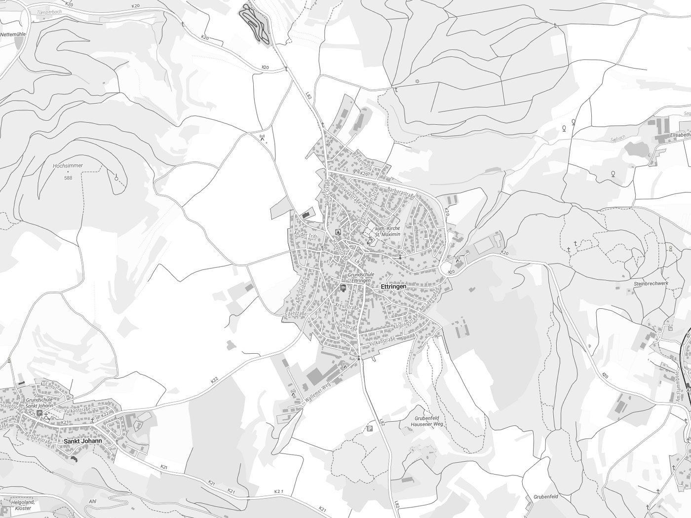 Kartenausschnitt Ettringen mit Gewässern