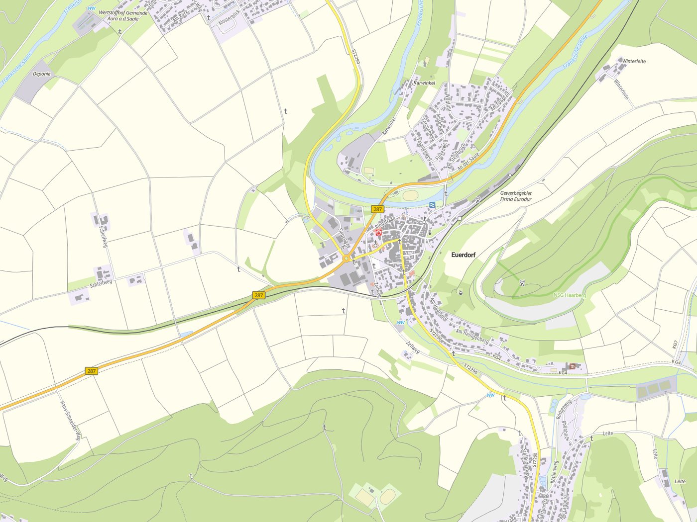 Kartenausschnitt Euerdorf mit Gewässern