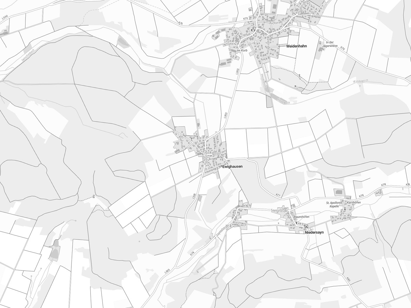 Kartenausschnitt Ewighausen mit Gewässern