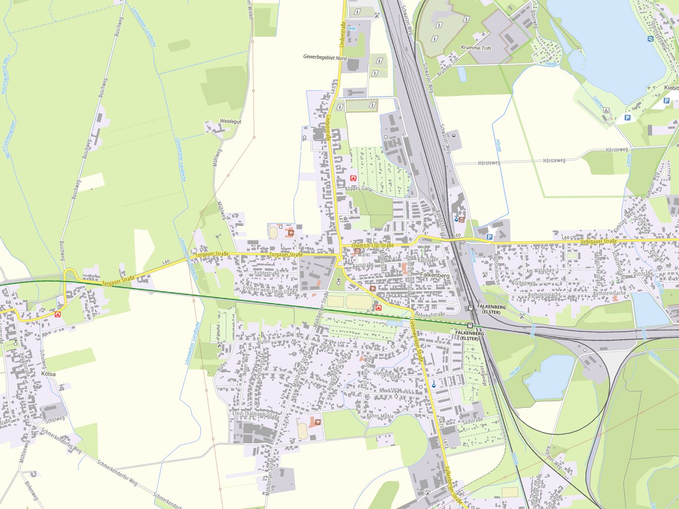 Kartenausschnitt Falkenberg/Elster mit Gewässern