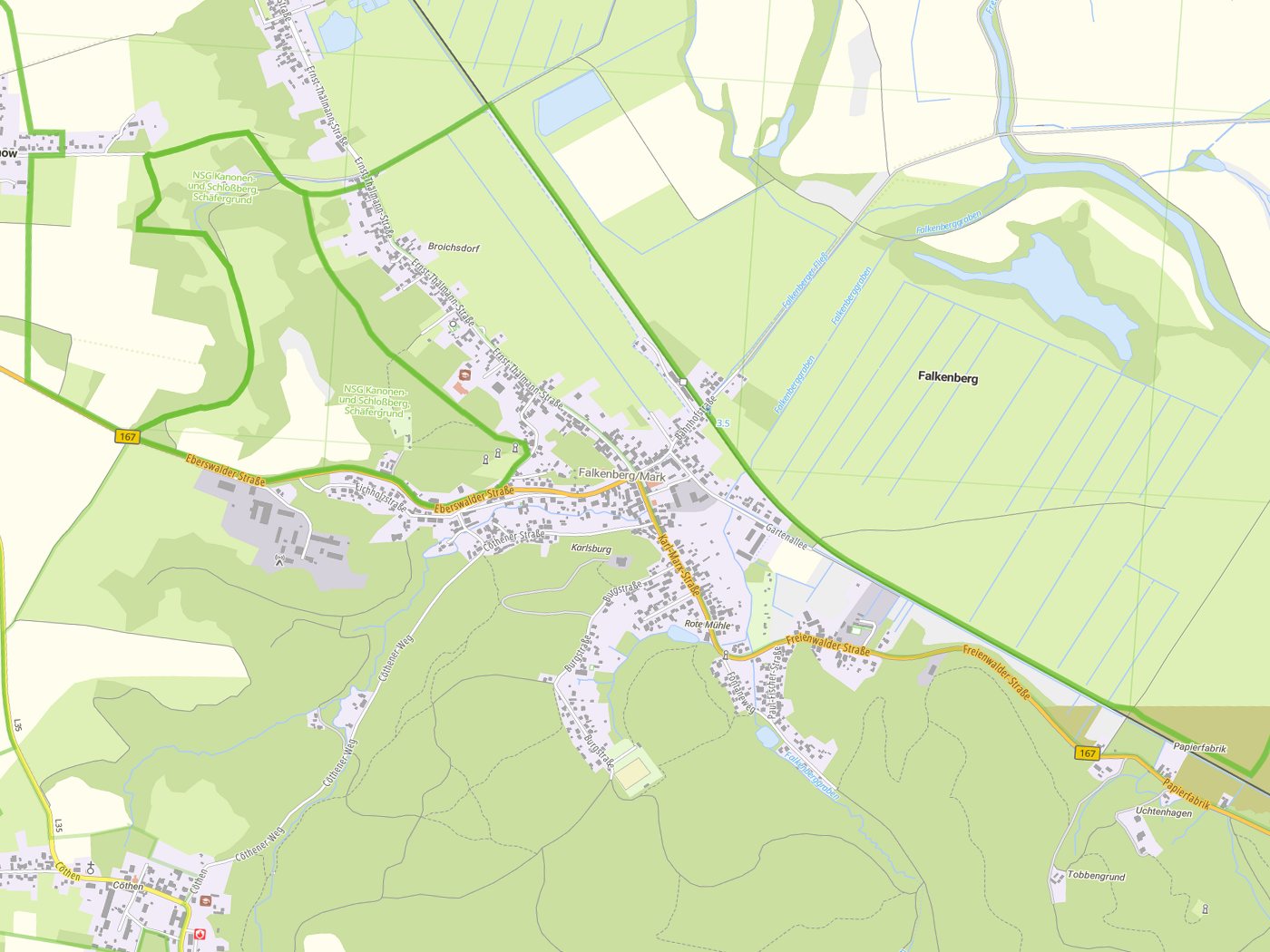 Kartenausschnitt Falkenberg mit Gewässern