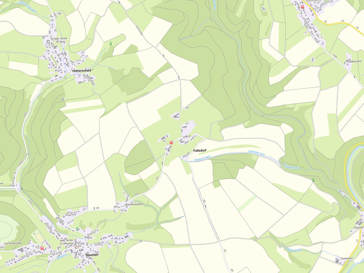 Kartenausschnitt Feilsdorf mit Gewässern