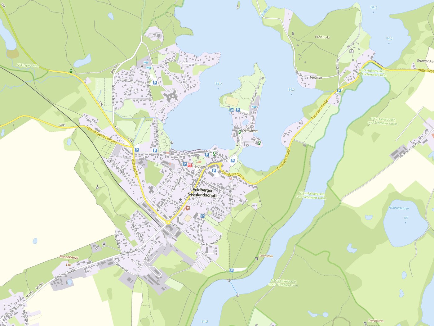 Kartenausschnitt Feldberger Seenlandschaft mit Gewässern