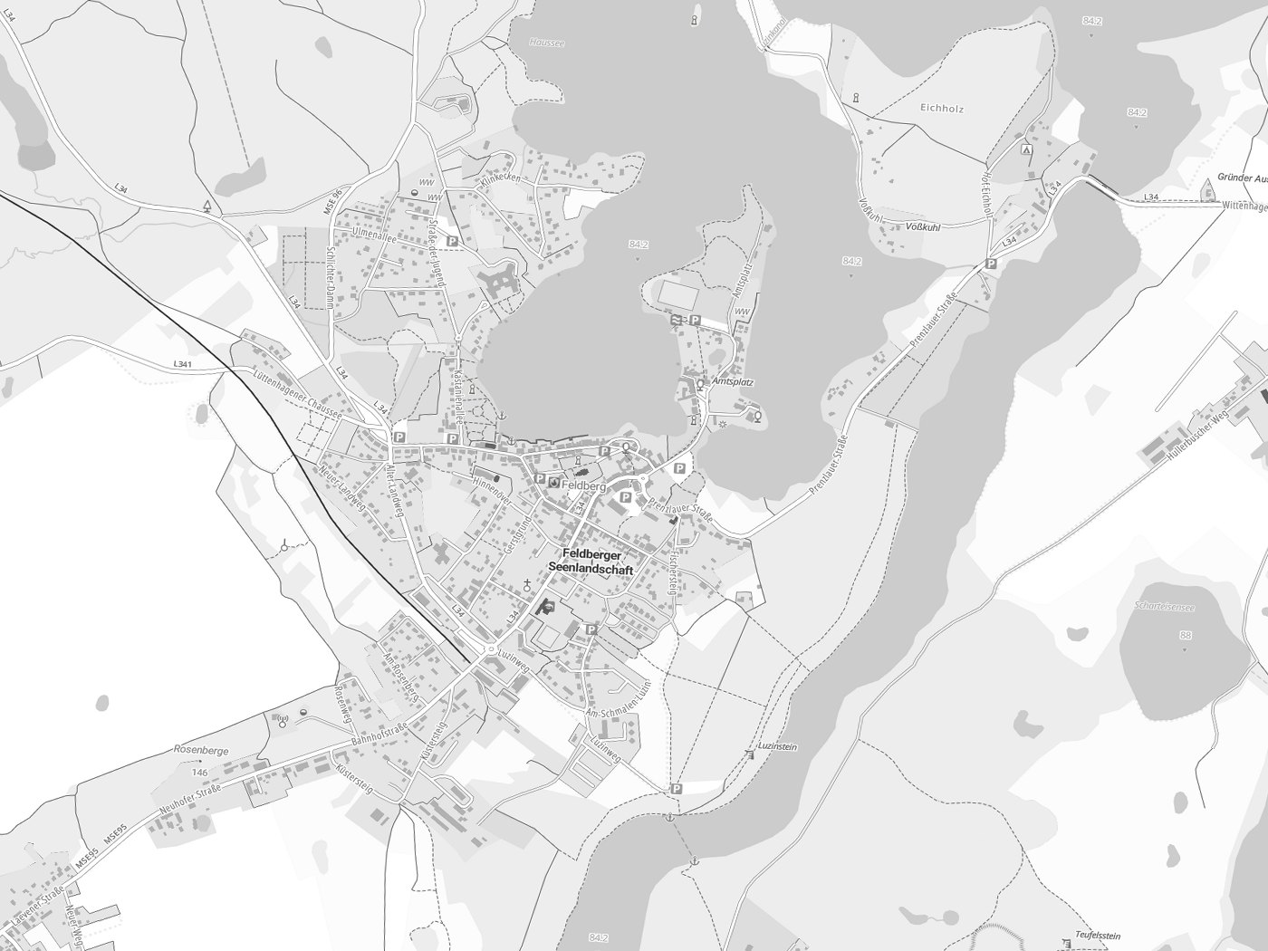Kartenausschnitt Feldberger Seenlandschaft mit Gewässern