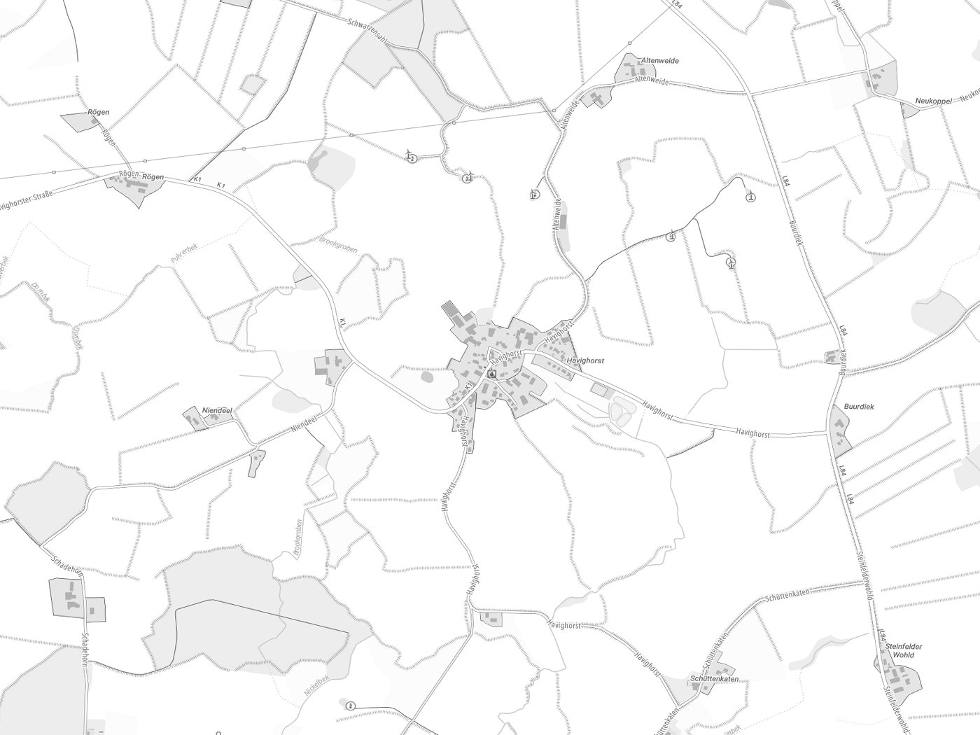 Kartenausschnitt Feldhorst mit Gewässern
