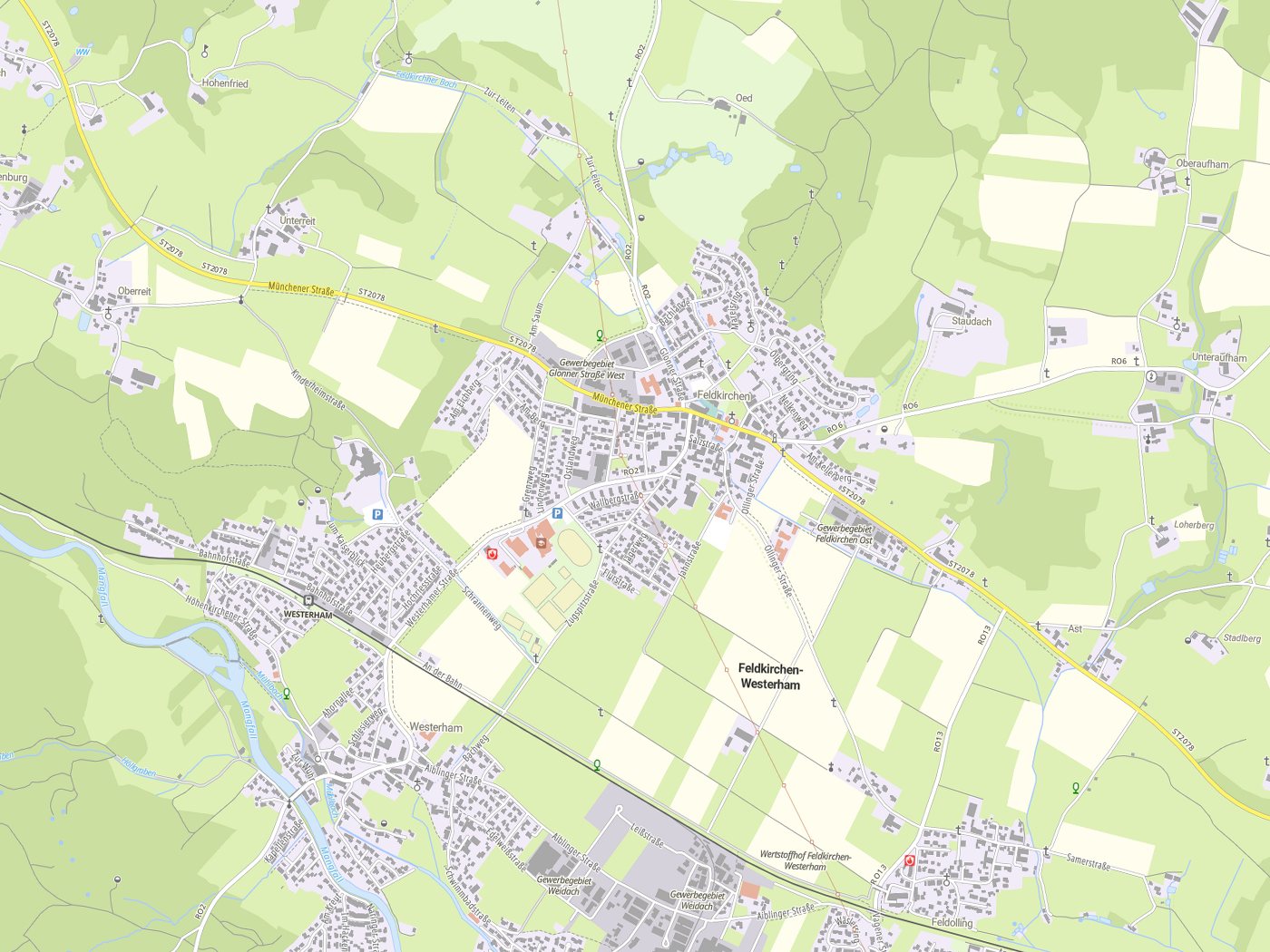 Kartenausschnitt Feldkirchen-Westerham mit Gewässern